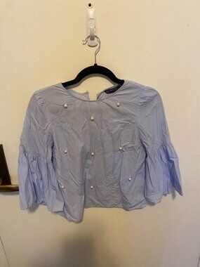 Zara Light Blue Pearl Embellished Sleeve Blouse